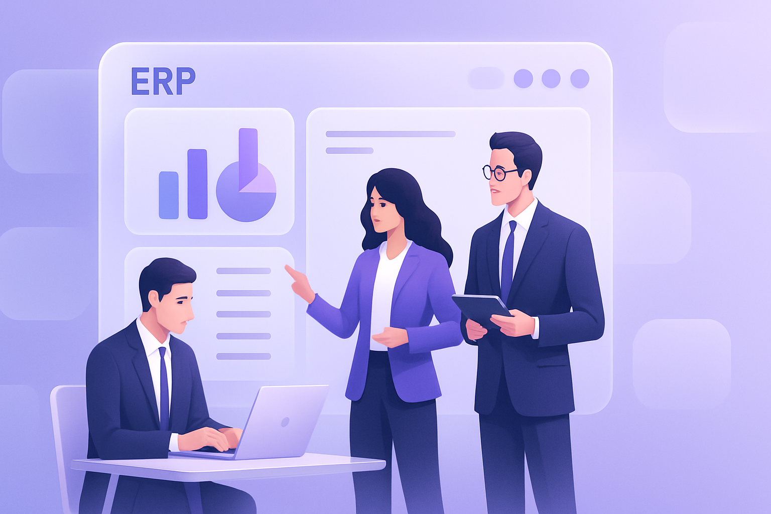 Ilustração de uma equipe de negócios usando um sistema ERP em uma tela moderna.